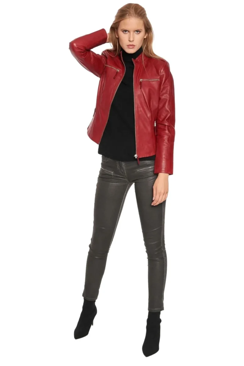 Carmen Women’s Red Biker Genuine Leather Jacket - Image 3