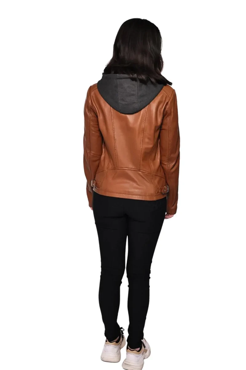 Christina Women Camel Hooded Leather Jacket - Image 5