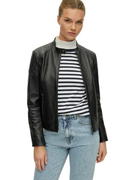 Sarah Women Black Biker Cafe Racer Leather Jacket