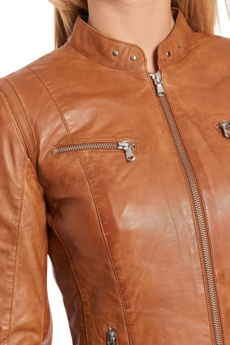 Emma Women Brown Motorcycle Leather Jacket - Image 4