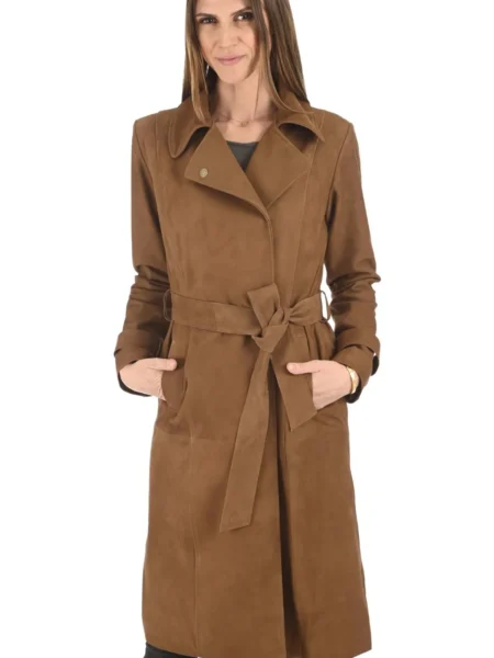 Katherine Women Camel Long Suede Leather Trench Coat