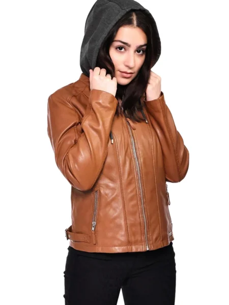 Christina Women Camel Hooded Leather Jacket