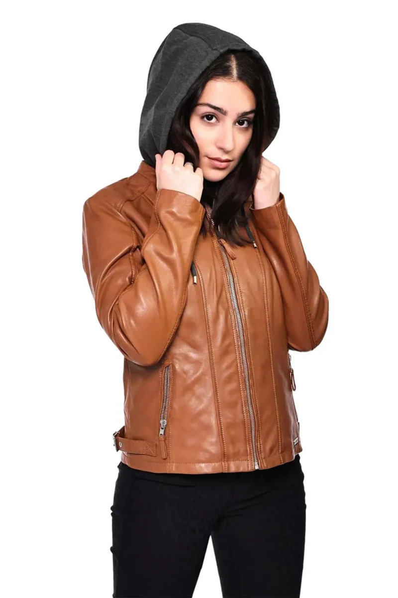 Christina Women Camel Hooded Leather Jacket