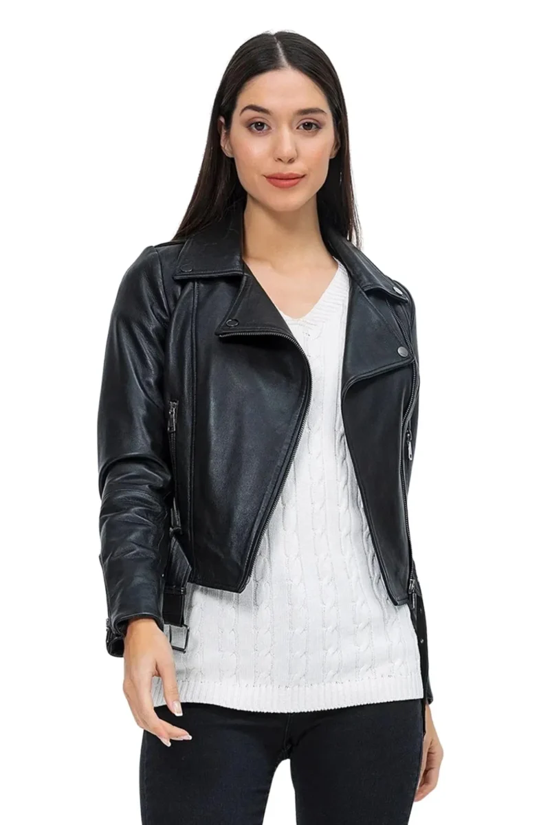 Cathrine Women’s Black Biker Leather Jacket - Image 2