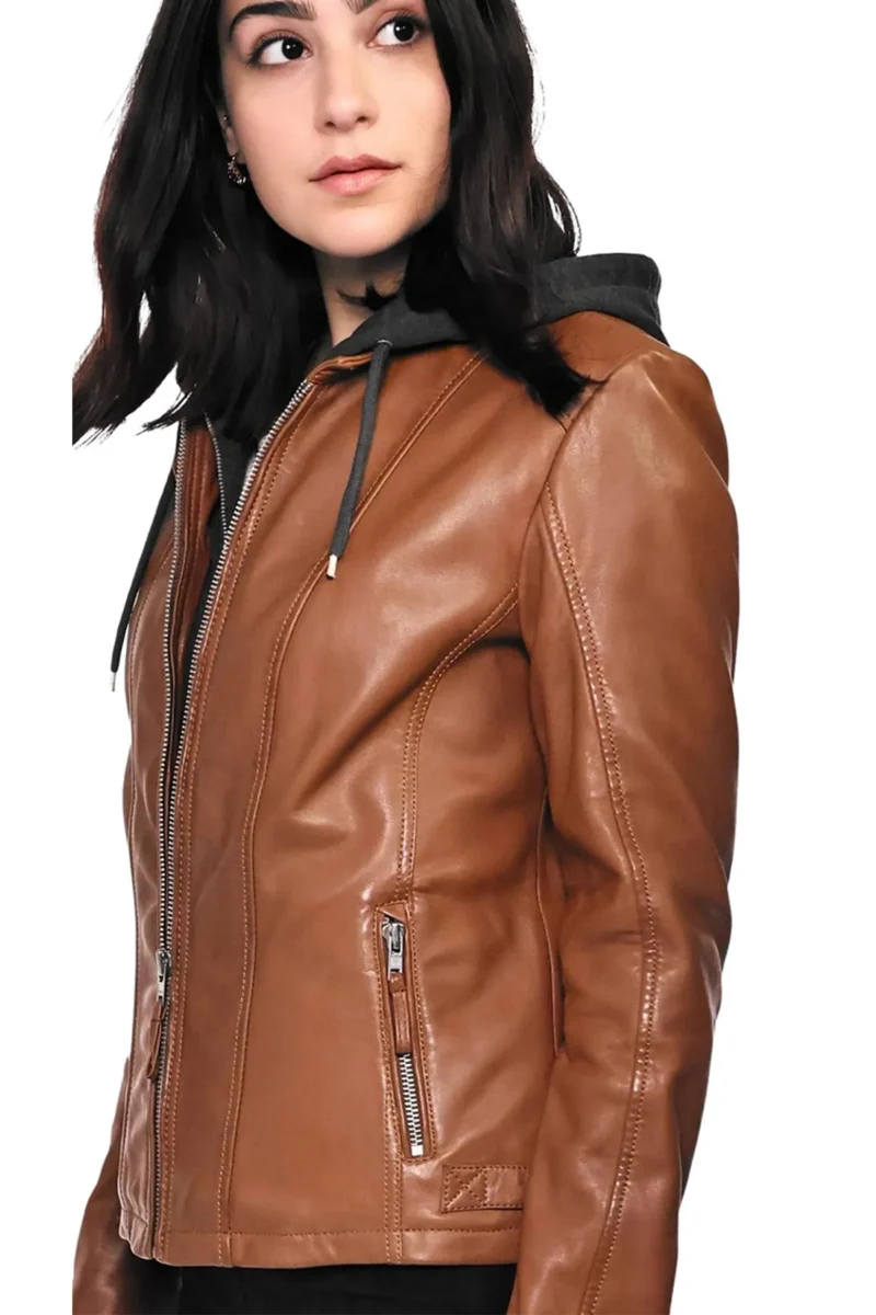 Christina Women Camel Hooded Leather Jacket - Image 2