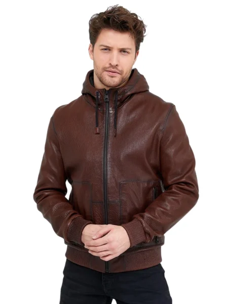 Albert Men Classic Brown Hoodie Leather Jacket