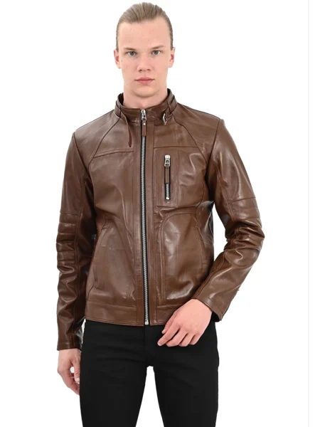 Lucky Men's Cord Brown Moto Biker Leather Jacket
