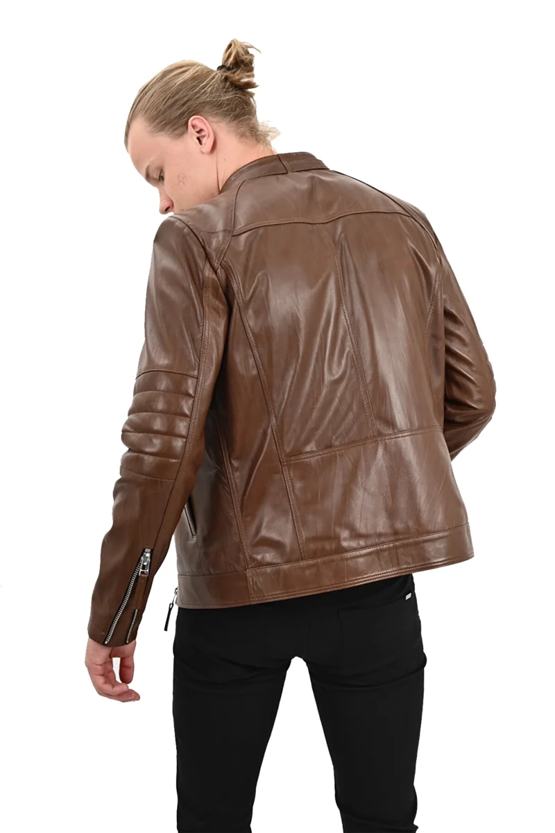 Lucky Men's Cord Brown Moto Biker Leather Jacket - Image 4