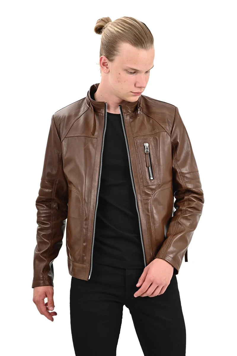 Lucky Men's Cord Brown Moto Biker Leather Jacket - Image 2