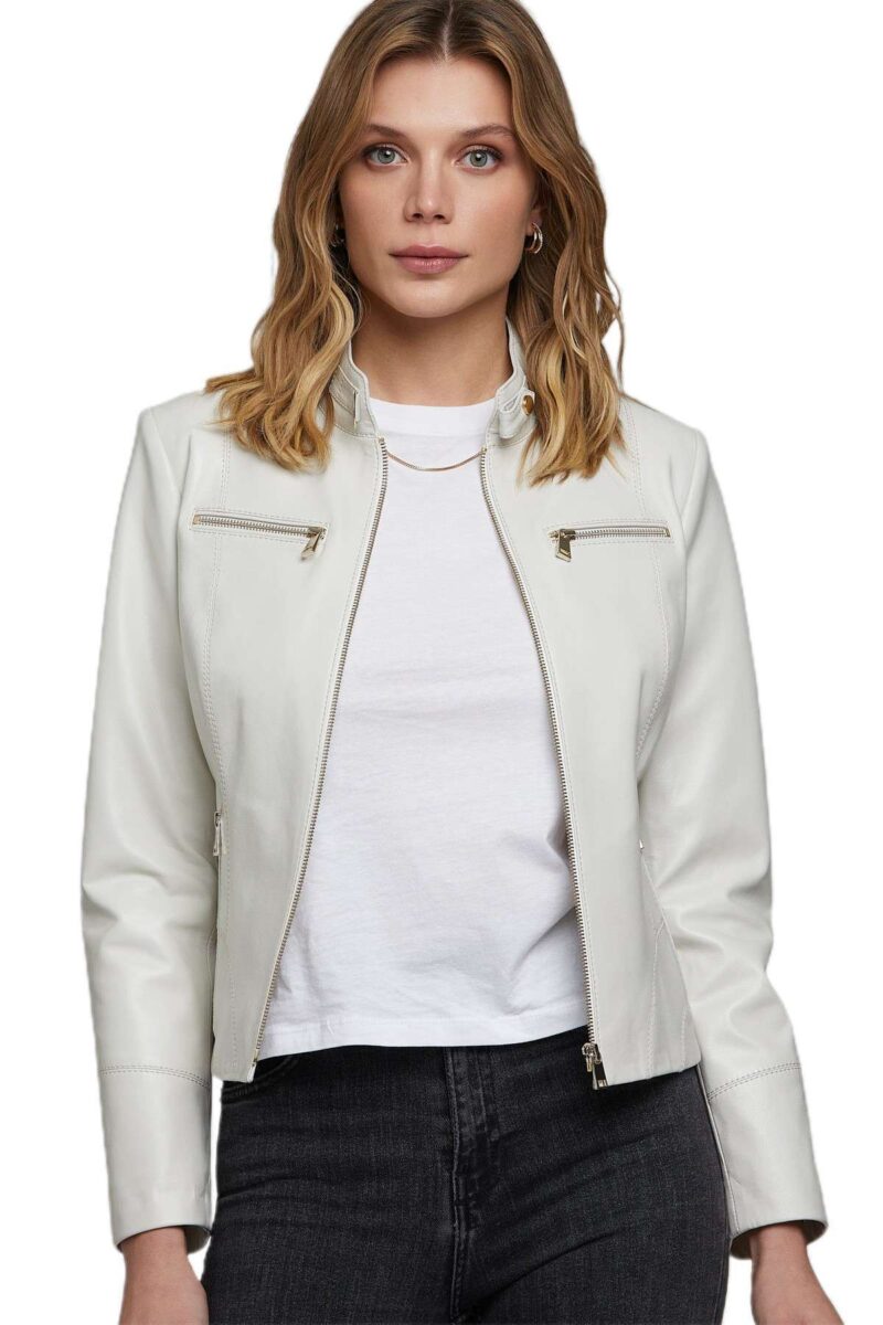 Women’s Cafe Racer White Leather Jacket