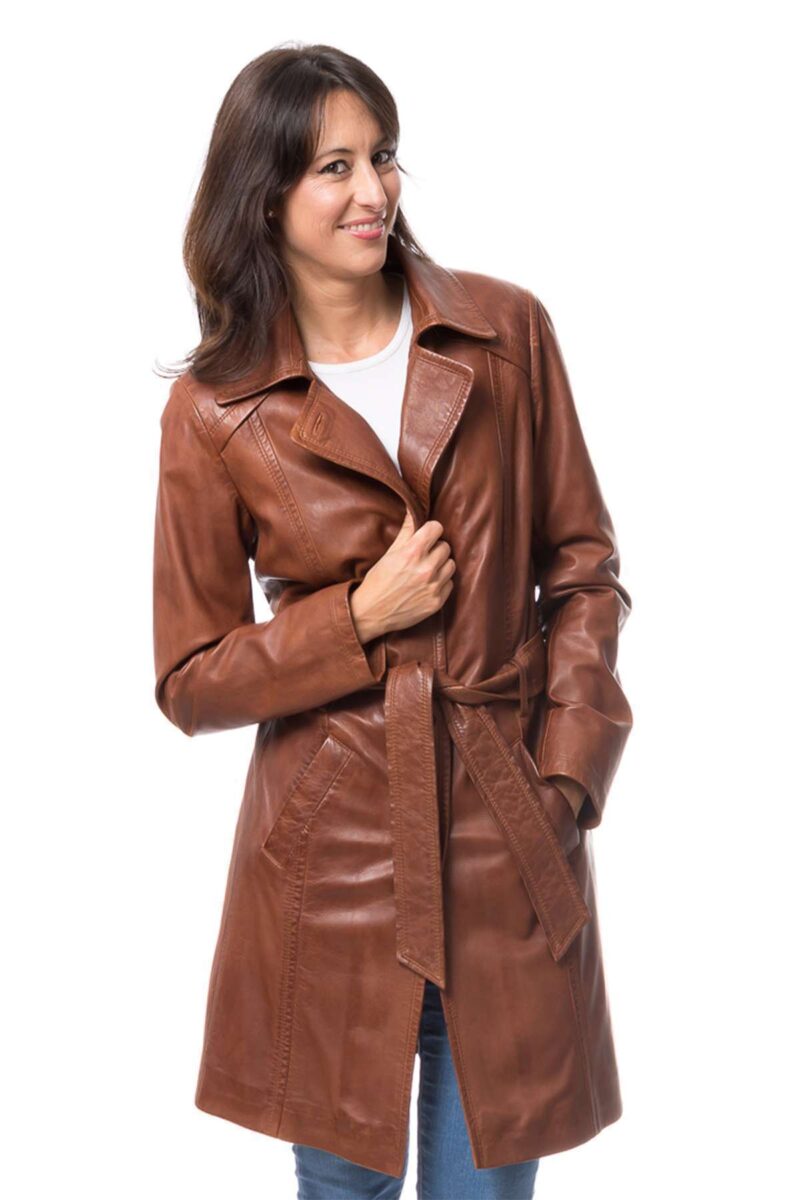 Women Alexander Waxed Brown Belted Trench Coat - Image 3