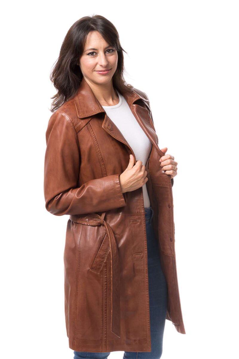 Women Alexander Waxed Brown Belted Trench Coat - Image 2