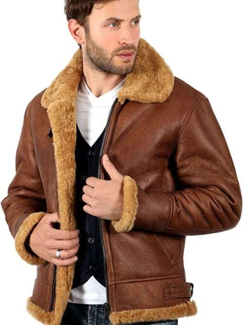 B3 WW2 Aviator Pilot Sheepskin Brown Bomber Leather Jacket