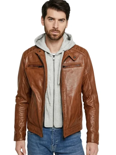 Alex Minsky Brown Hooded Mens Leather Jacket