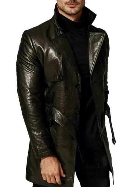 Mens Black Winter Leather Belted Short Coat