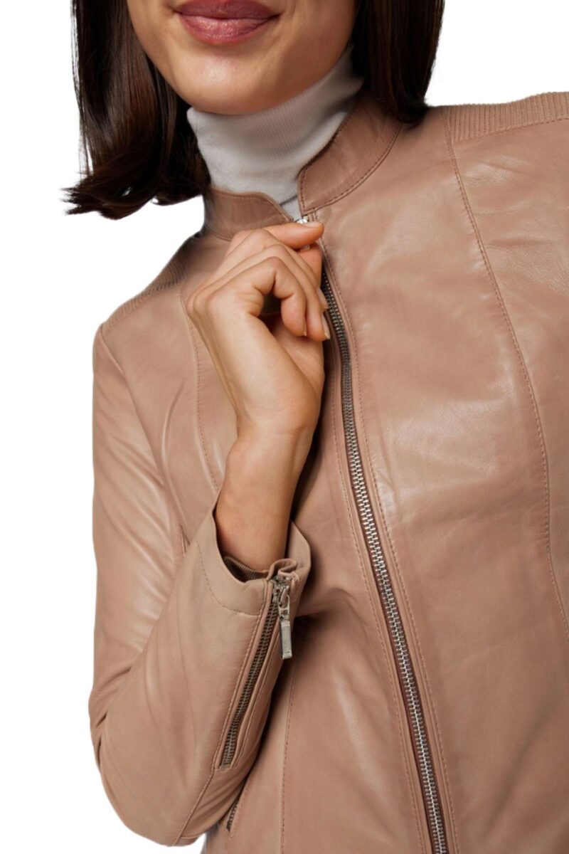 Women Beige Moto Real Lambskin Leather Jacket - Image 4