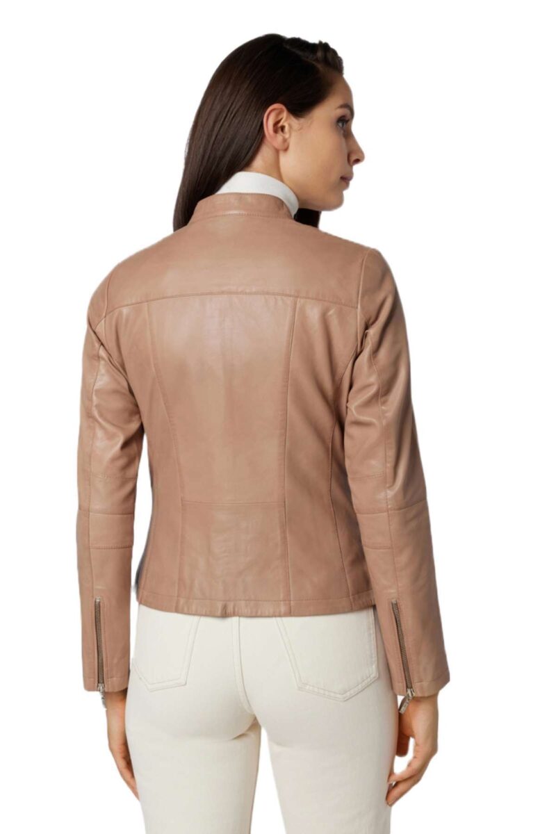 Women Beige Moto Real Lambskin Leather Jacket - Image 5