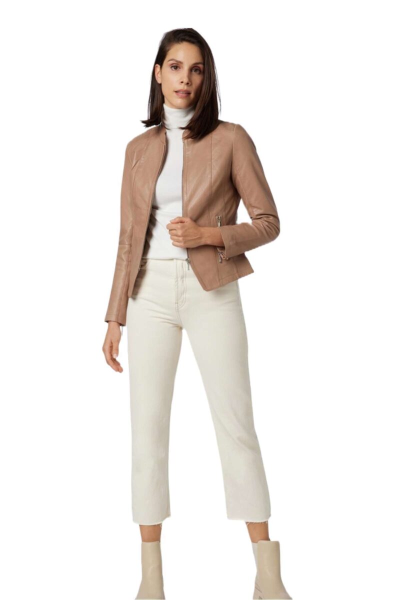 Women Beige Moto Real Lambskin Leather Jacket - Image 3