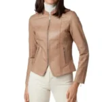 Women Beige Moto Real Lambskin Leather Jacket