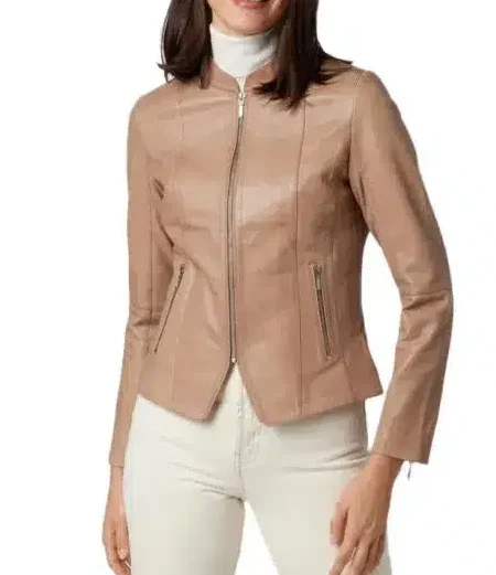 Women Beige Moto Real Lambskin Leather Jacket