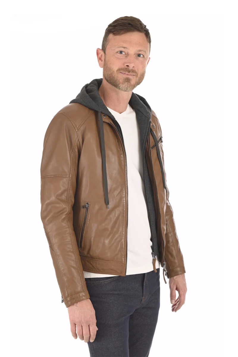 Utt Panich Mens Brown Leather Hooded Jacket - Image 2