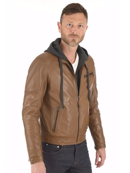 Utt Panich Mens Brown Leather Hooded Jacket