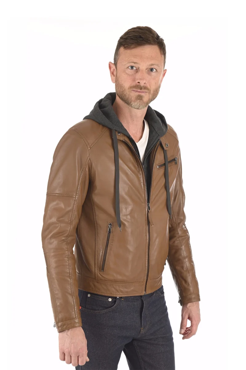 Utt Panich Mens Brown Leather Hooded Jacket