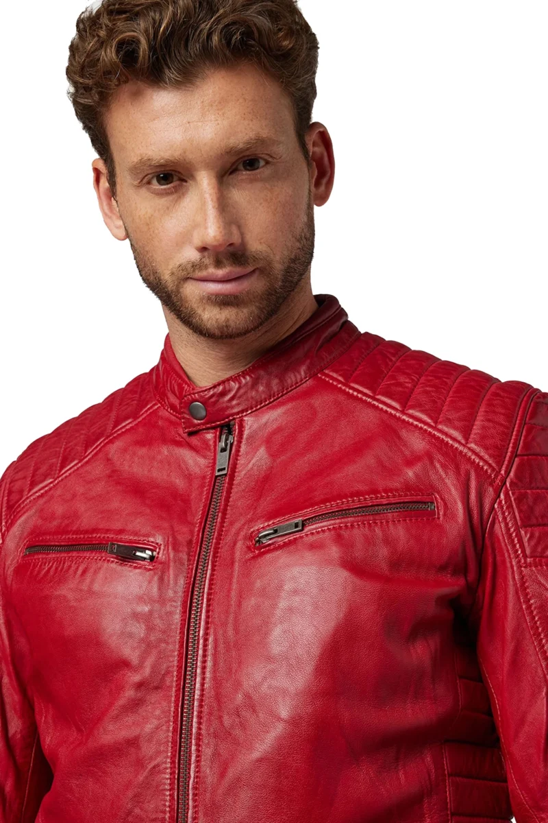 Brian Mens Maroon Quilted Bomber Leather Coat - Image 2