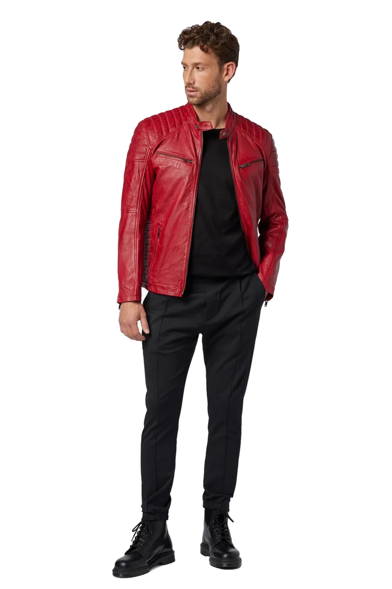 Brian Mens Maroon Quilted Bomber Leather Coat - Image 4