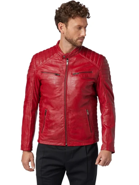 Brian Mens Maroon Quilted Bomber Leather Coat