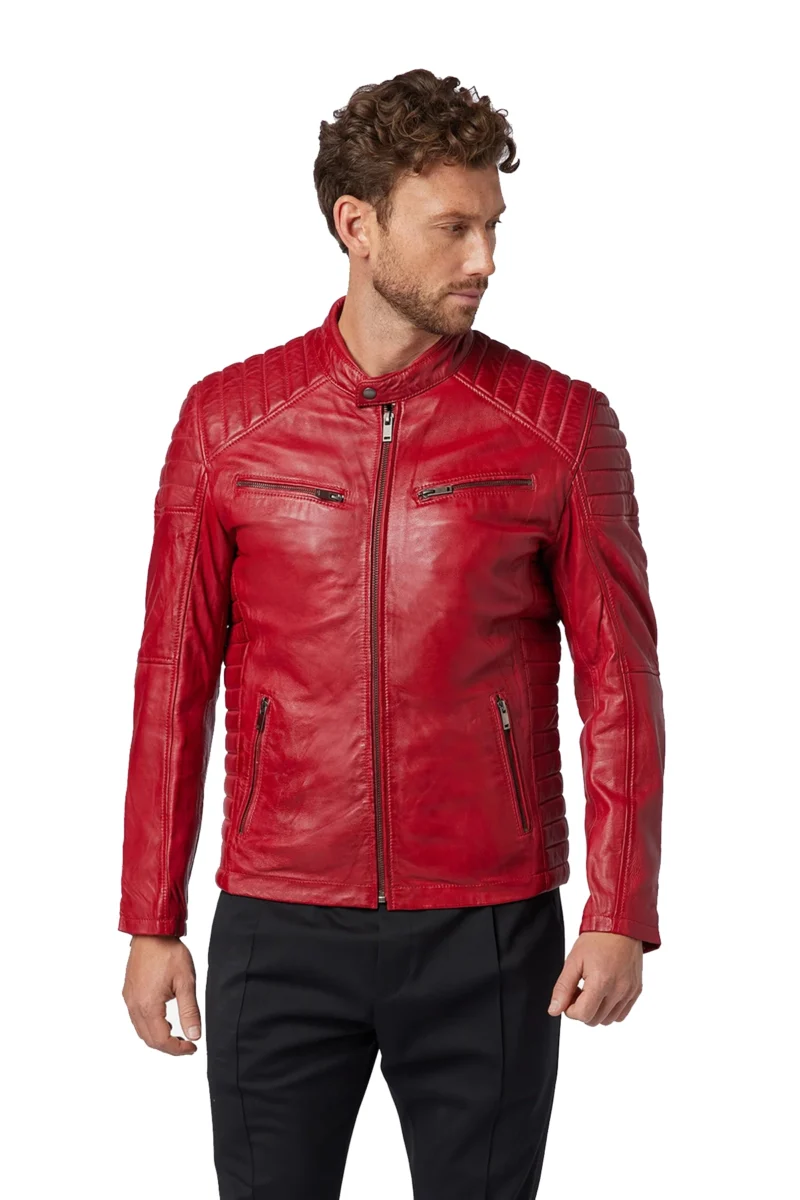 Brian Mens Maroon Quilted Bomber Leather Coat