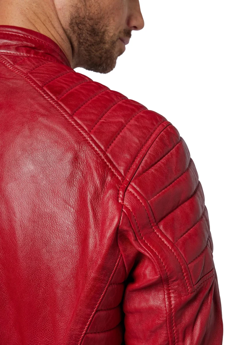 Brian Mens Maroon Quilted Bomber Leather Coat - Image 5