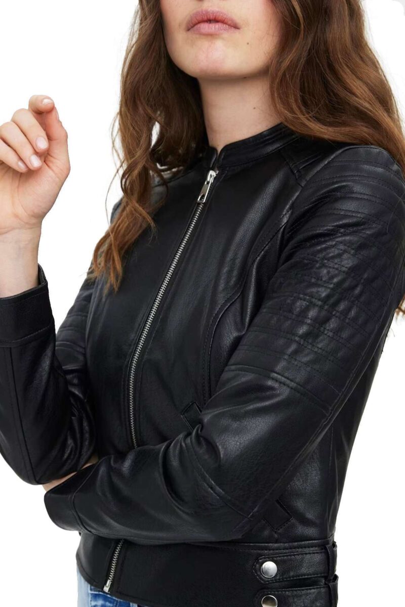 Odette Women Black Motorcycle Biker Leather Jacket - Image 2