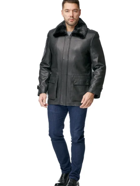 Boselli Eric Black Hip Length with Fur Collar Leather Coat