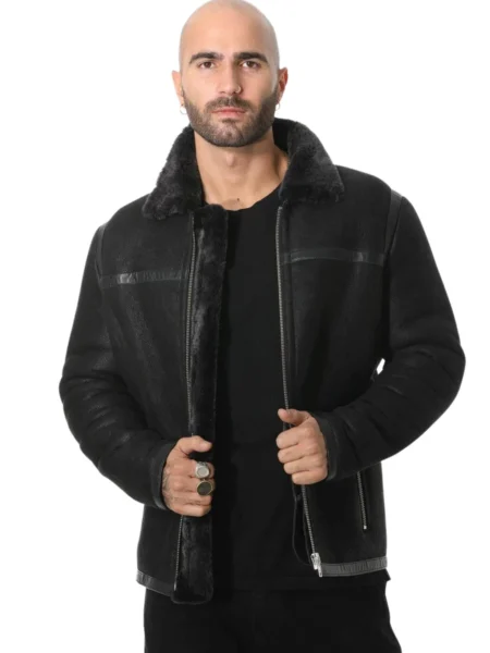 Marlon Kroenig Black Aviator B3 Bomber Leather Jacket with Black Fur