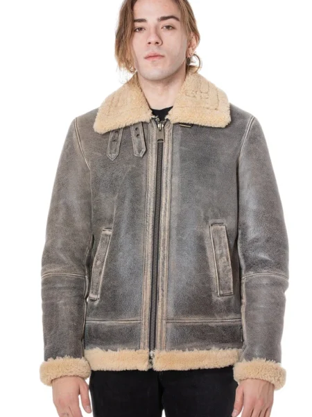 Cabral Pietro Distressed Grey B3 Aviator Real Shearling Bomber Jacket