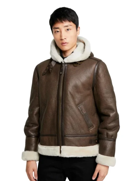 Rutherford Cameron Brown B3 Bomber Real Shearling Leather Jacket with Hood