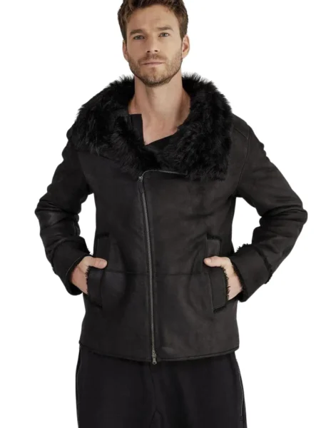 Richard Hu Black Avaitor Bomber Flight Black Real Shearling Leather Jacket
