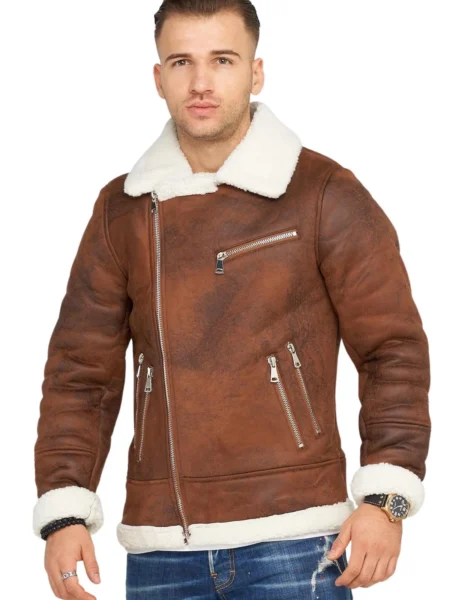 Jack Bing Brown Aviator Flight Bomber Real Shearling Leather Jacket