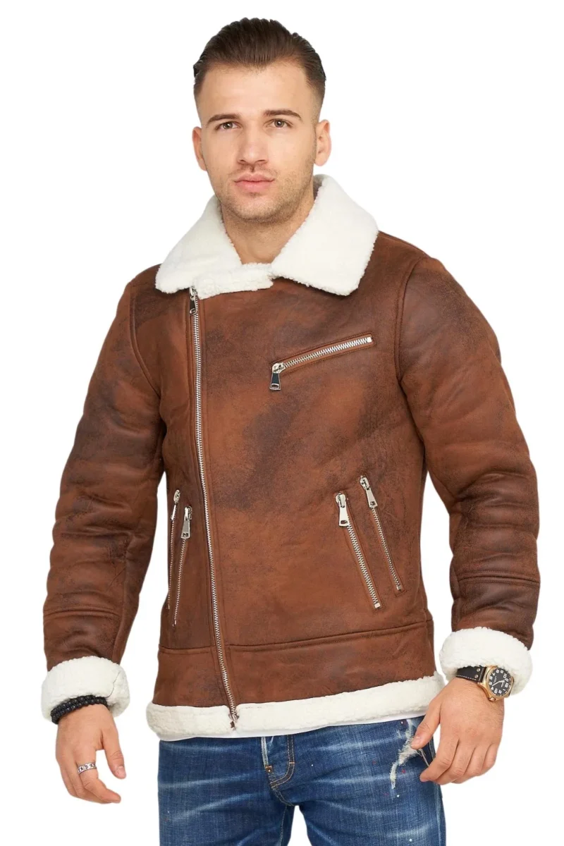 Jack Bing Brown Aviator Flight Bomber Real Shearling Leather Jacket