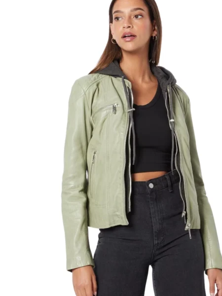 Mircea Honulik Light Green Hooded Biker Leather Jacket Women