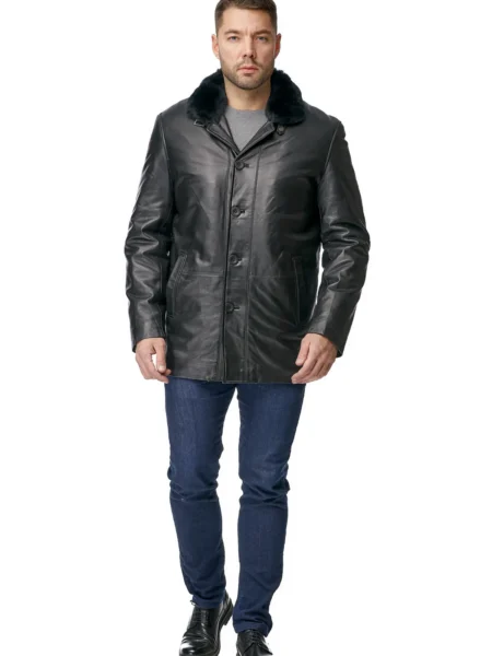 Rutherford Armando Black Biker Racer Leather Coat with Fur Collar