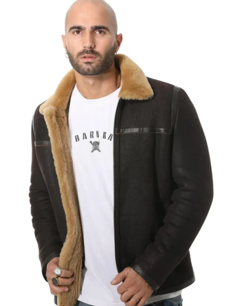 Jon Teixeira Black Aviator B3 Bomber Leather Jacket with Shearling