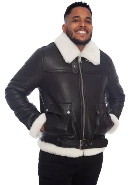 Brad Boselli Black Men B3 Bomber Aviator Leather Jacket with White Fur