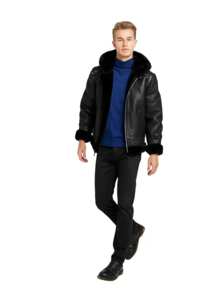 Zach Roger  Black B3 Bomber Real Shearling Leather Jacket with Black Hood