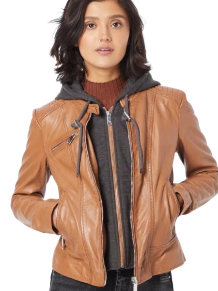 Cameron Monroe Tan Brown Hooded Leather Jacket Womens