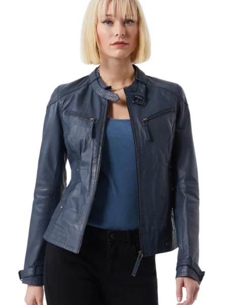 Tamie Cole Dark Blue Cafe Racer Women Biker Leather Jacket