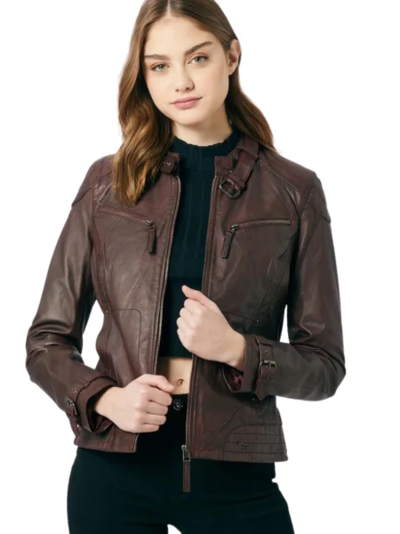 Kathy Sims Red-Brown Waxed Cafe Racer Moto Biker Leather Jacket Women