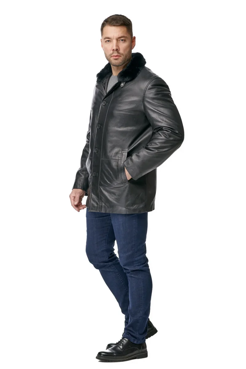 Rutherford Armando Black Biker Racer Leather Coat with Fur Collar - Image 2