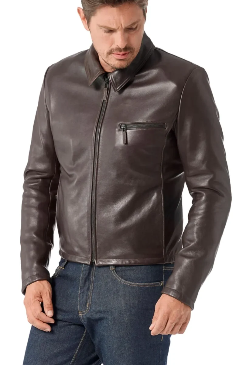 David Smith Brown Motorcycle Leather Jacket Shirt Style - Image 2